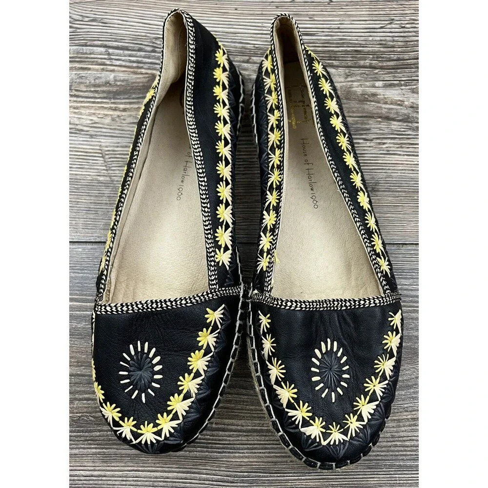 House‎ of Harlow 1960 Shoes Leather Embroidered Espadrille Black Floral US 7.5